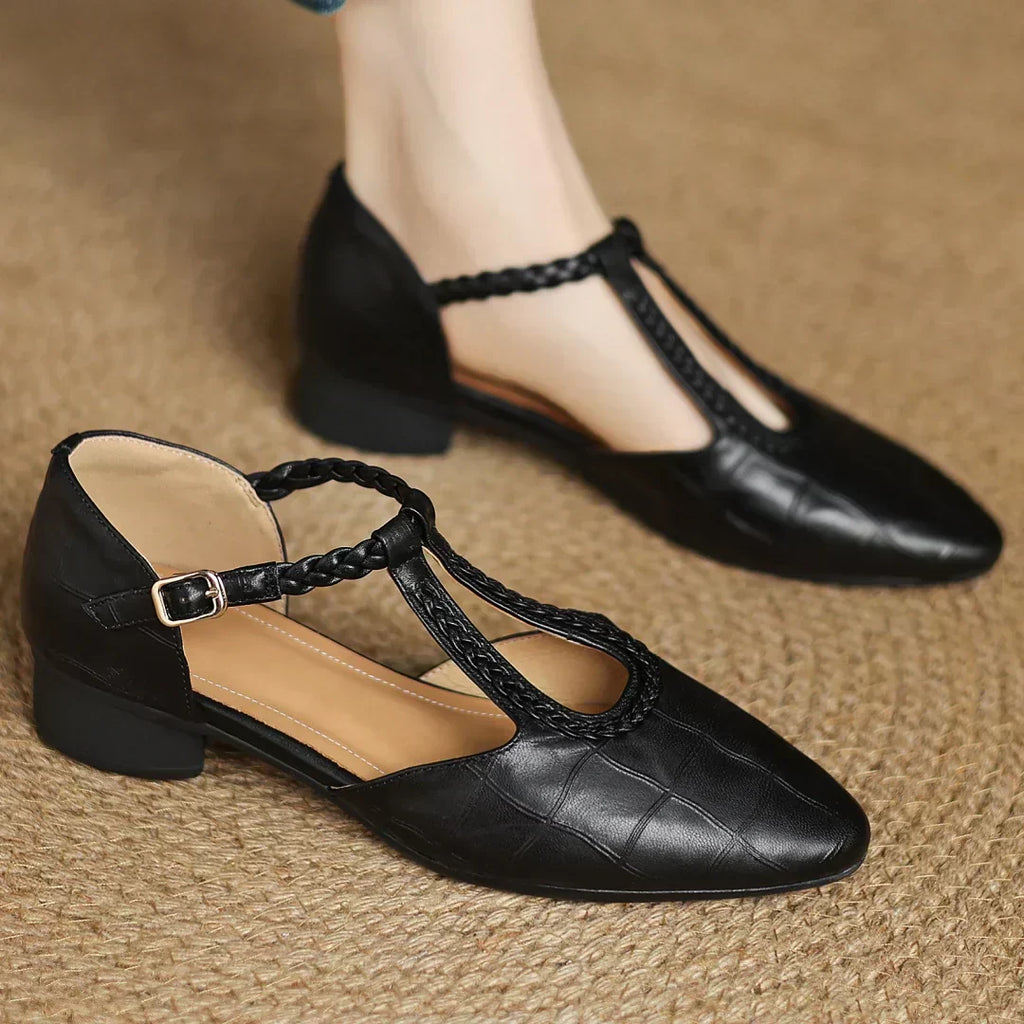 Leather T-Strap Mary Jane Flats Pointed Toe Flat