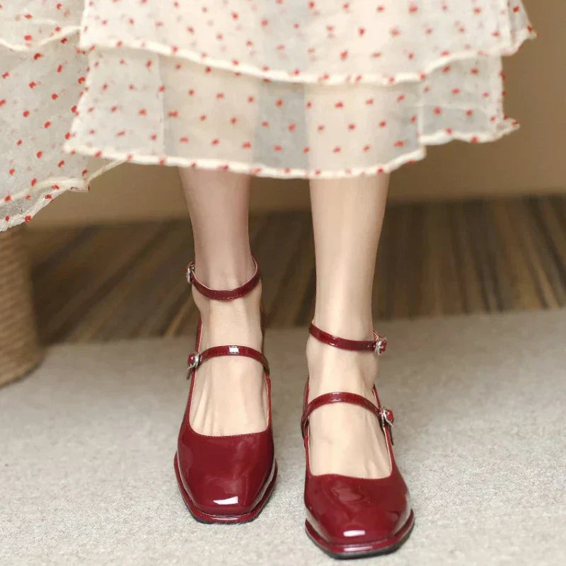 Ankle Strap Block Heel Pumps Square Toe Mary Jane