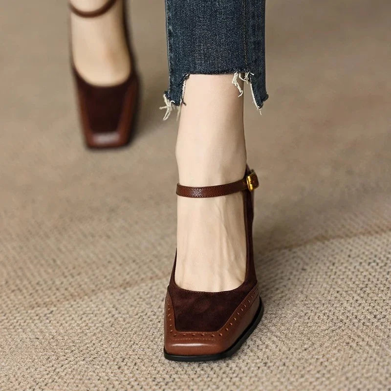 Square Toe Block Heel Pumps Ankle Strap Brogue