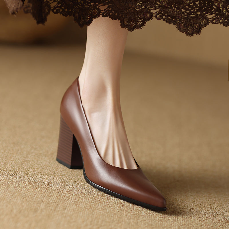 Block Heel Pumps Pointed Toe Slip On Work Heels