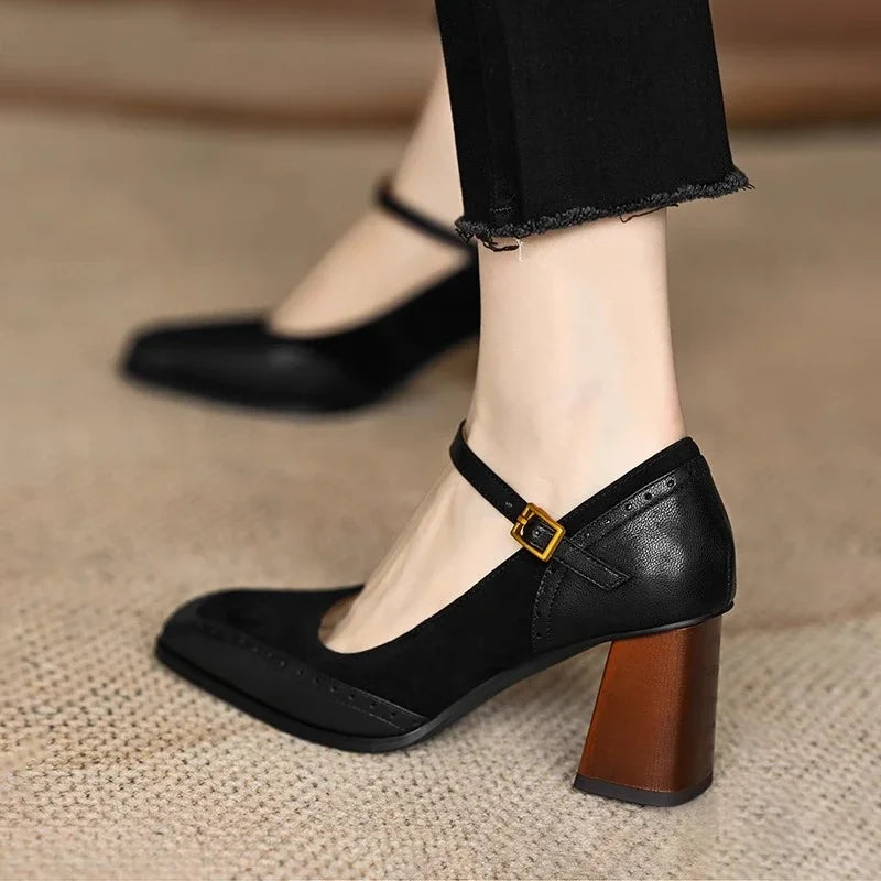 Square Toe Block Heel Pumps Ankle Strap Brogue