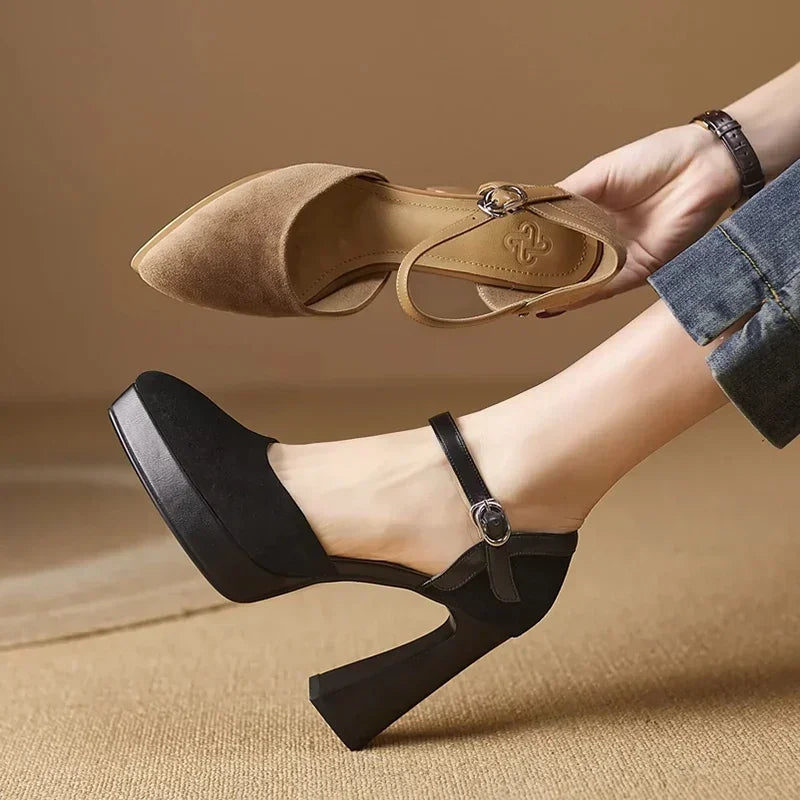 Platform Block Heel Pumps Ankle Strap High Heels