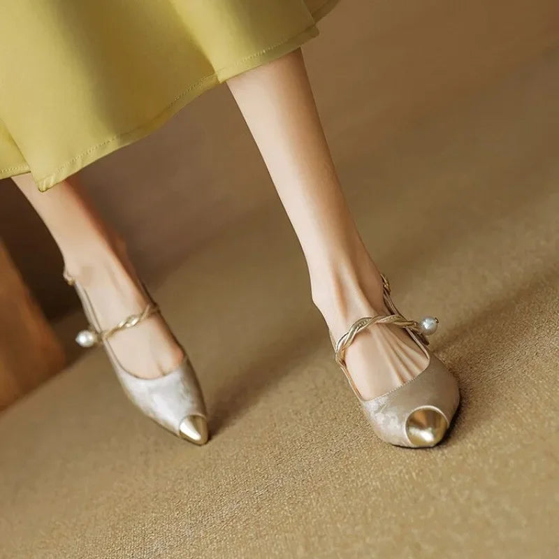 Pearl Strap Slingback Kitten Heels Pointed Toe Pumps