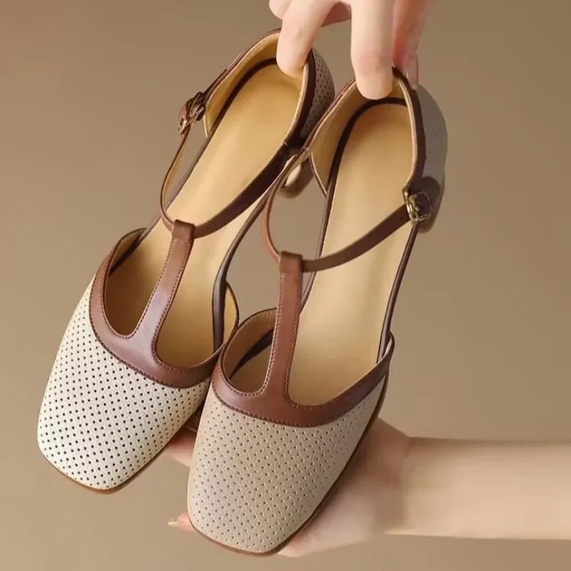 T-Strap Block Heel Shoes Square Toe Mid Heel Pumps