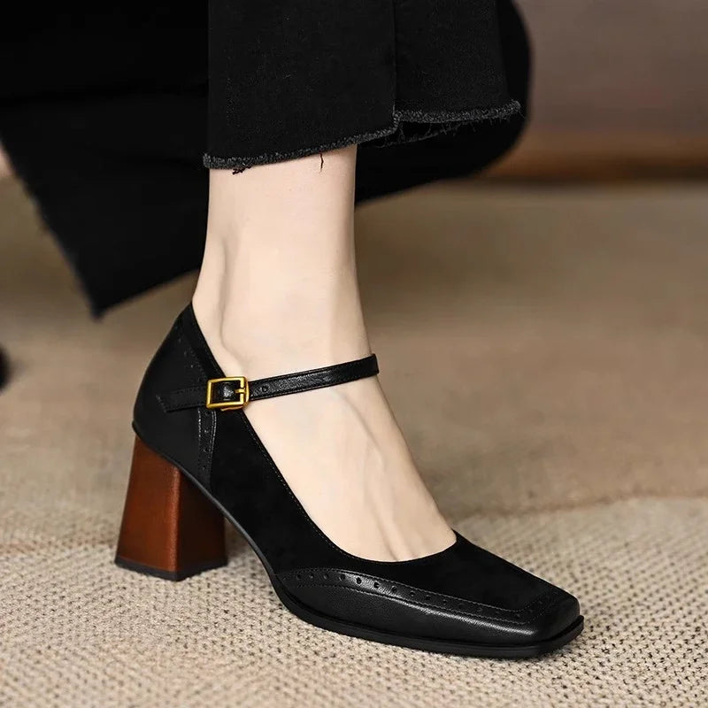 Square Toe Block Heel Pumps Ankle Strap Brogue