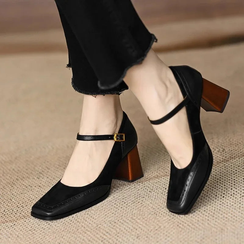 Square Toe Block Heel Pumps Ankle Strap Brogue