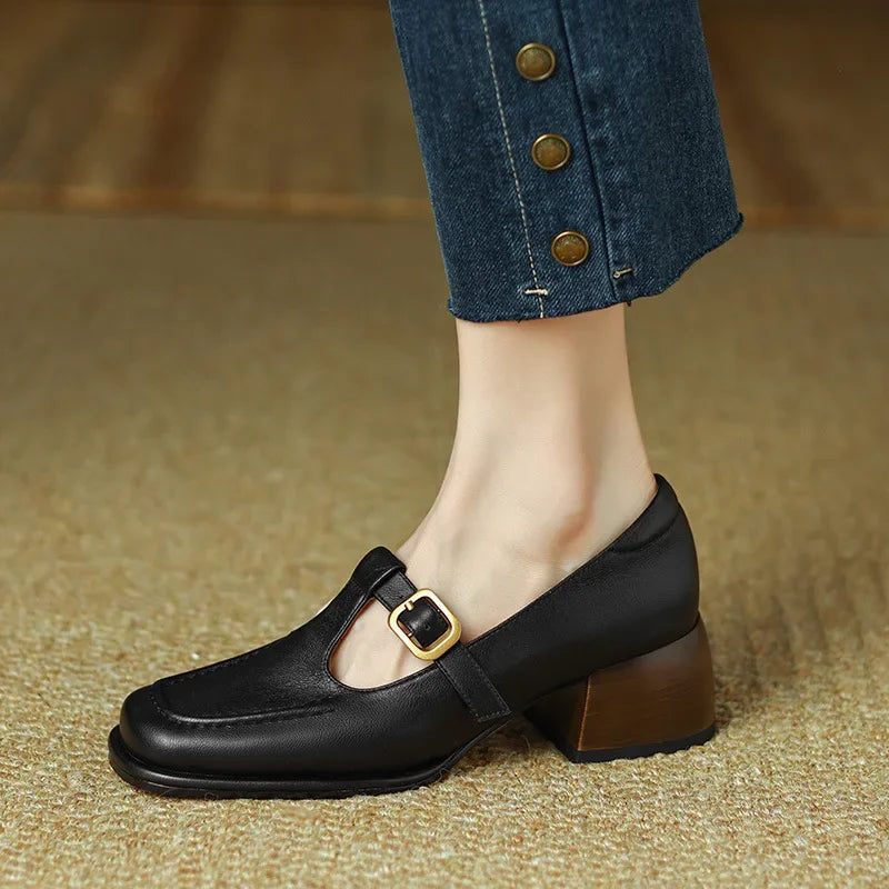 T-Strap Mary Jane Shoes Square Toe Low Block Heel