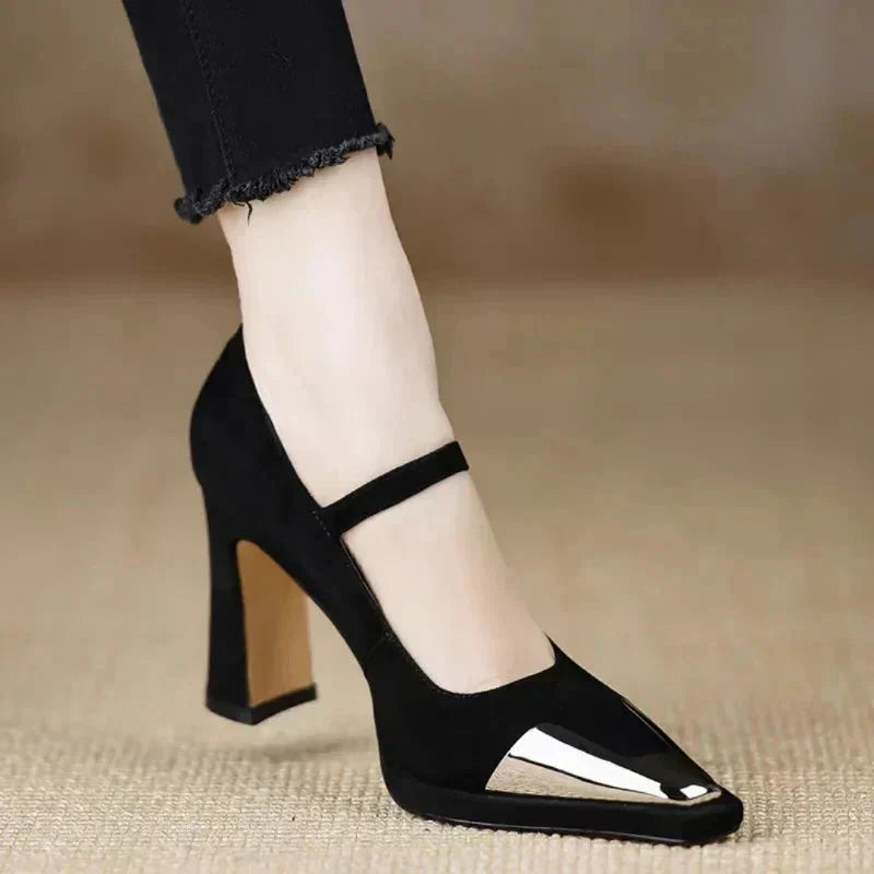 Mary Jane High Heel Pumps Cap Toe Block Heel Strap