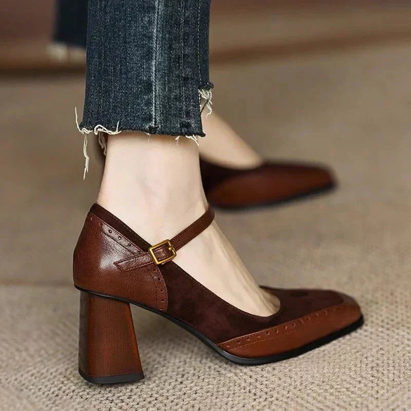 Square Toe Block Heel Pumps Ankle Strap Brogue