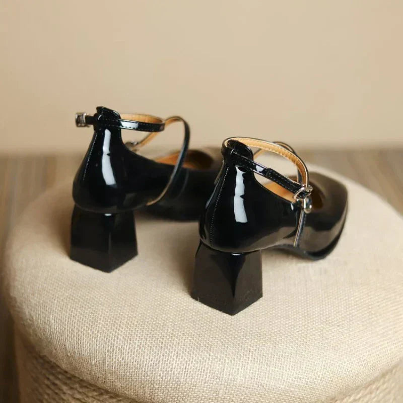 Ankle Strap Block Heel Pumps Square Toe Mary Jane