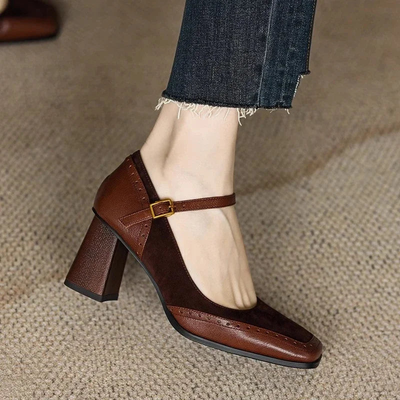 Square Toe Block Heel Pumps Ankle Strap Brogue