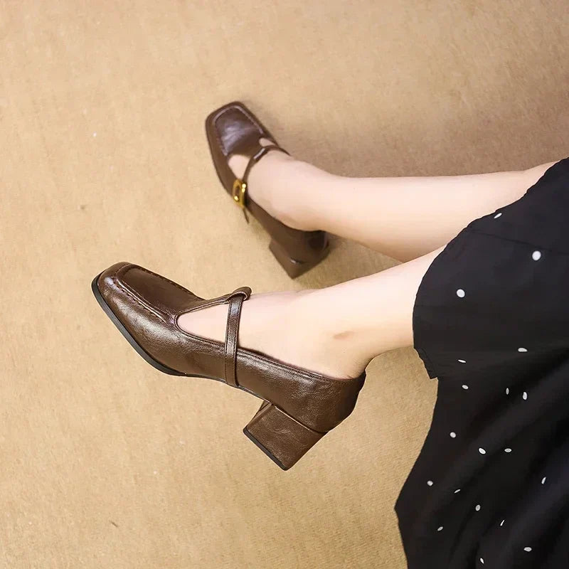 Square Toe Mary Jane Heels Block Heel Gold Buckle