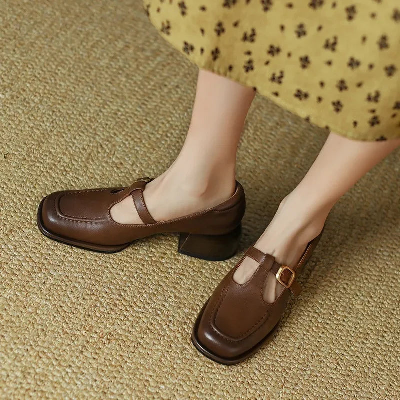 T-Strap Mary Jane Shoes Square Toe Low Block Heel