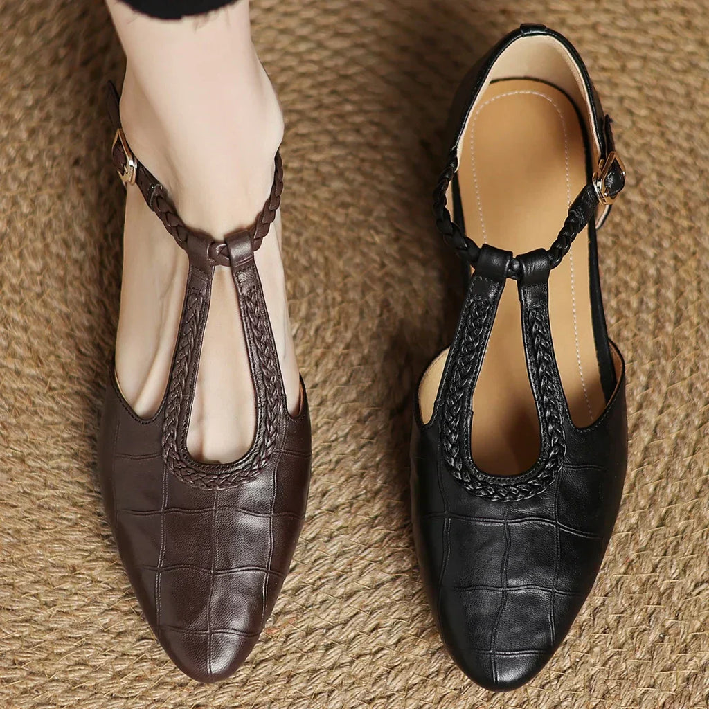 Leather T-Strap Mary Jane Flats Pointed Toe Flat