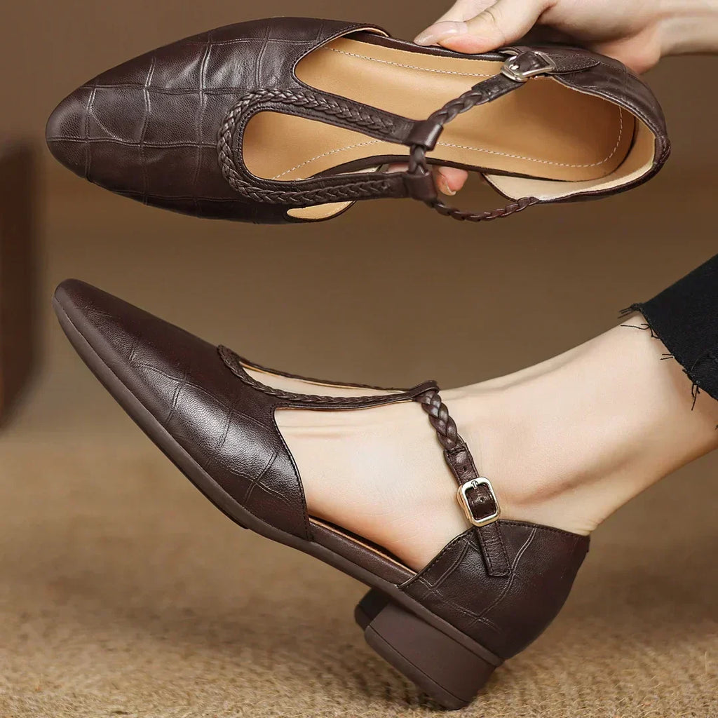Leather T-Strap Mary Jane Flats Pointed Toe Flat