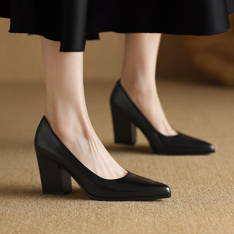 Block Heel Pumps Pointed Toe Slip On Work Heels