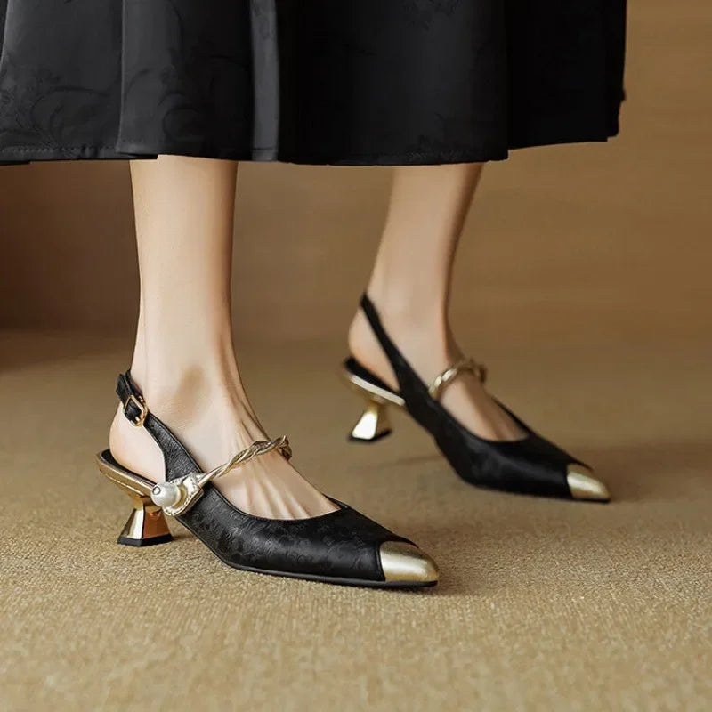 Pearl Strap Slingback Kitten Heels Pointed Toe Pumps