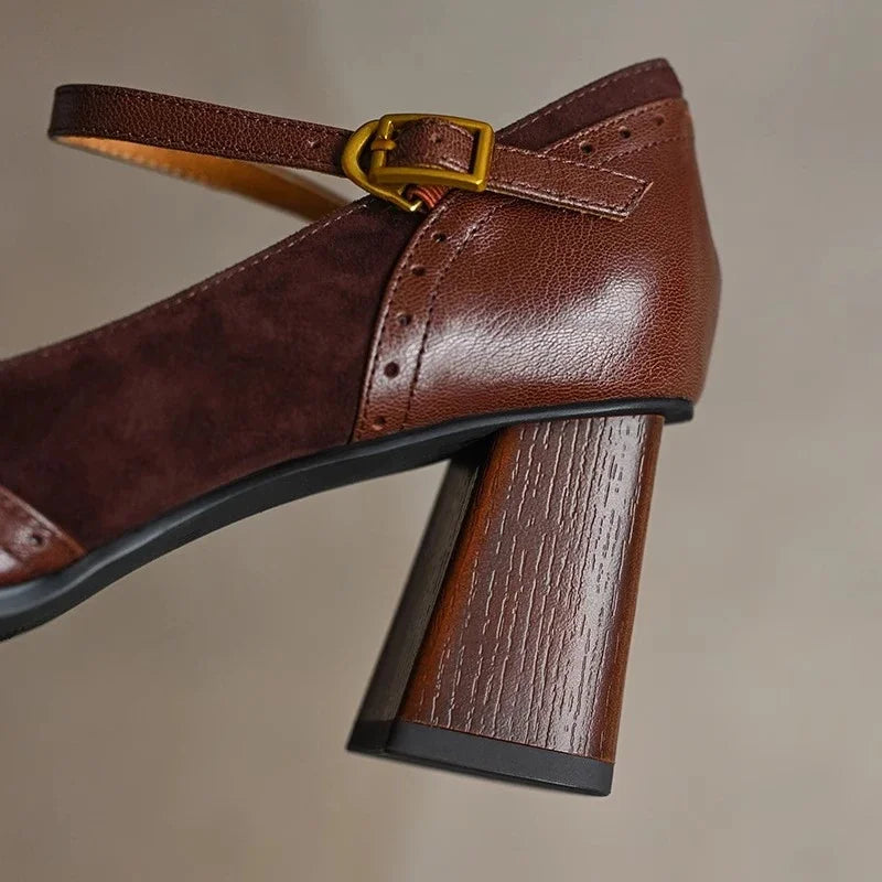 Square Toe Block Heel Pumps Ankle Strap Brogue