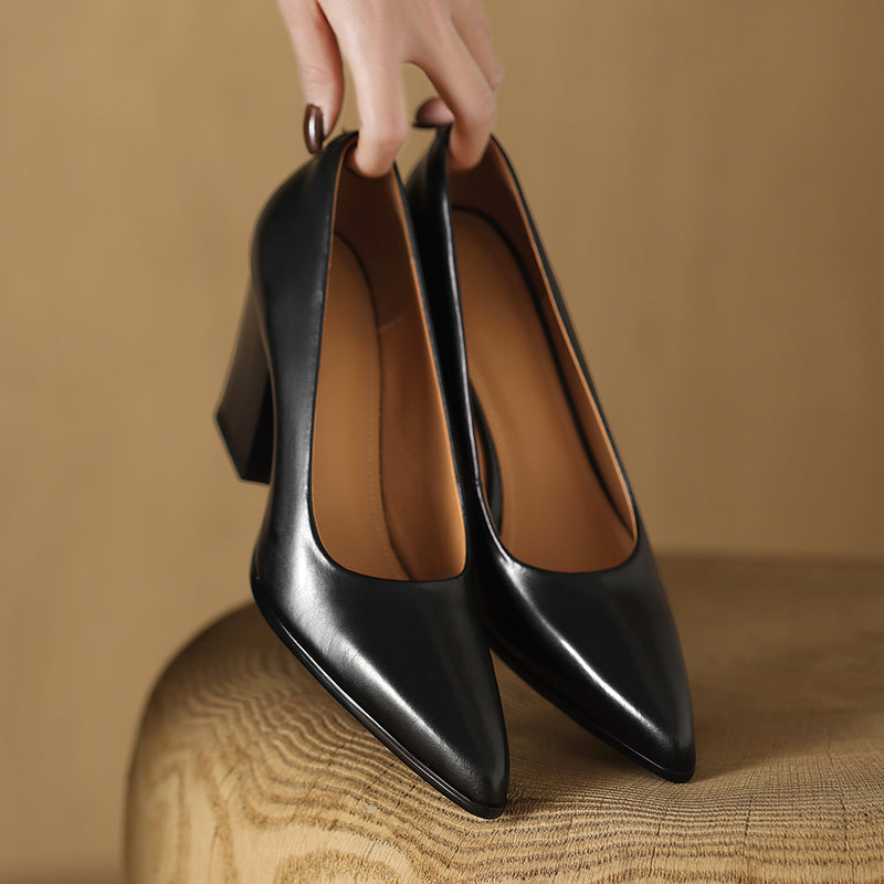 Block Heel Pumps Pointed Toe Slip On Work Heels