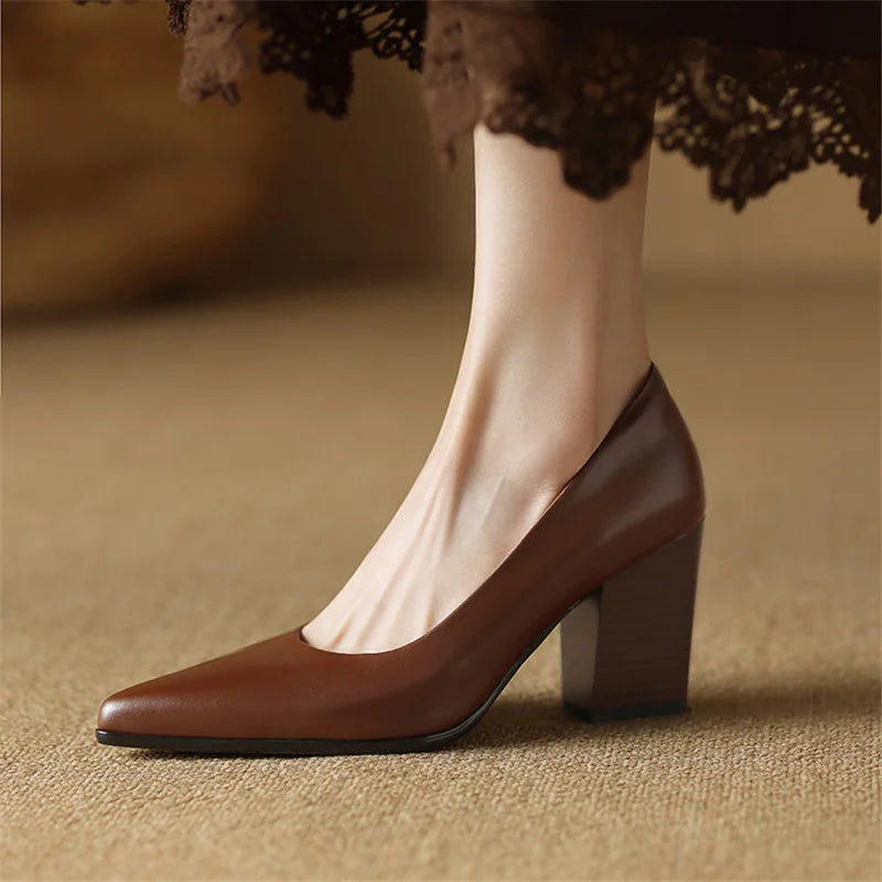Block Heel Pumps Pointed Toe Slip On Work Heels