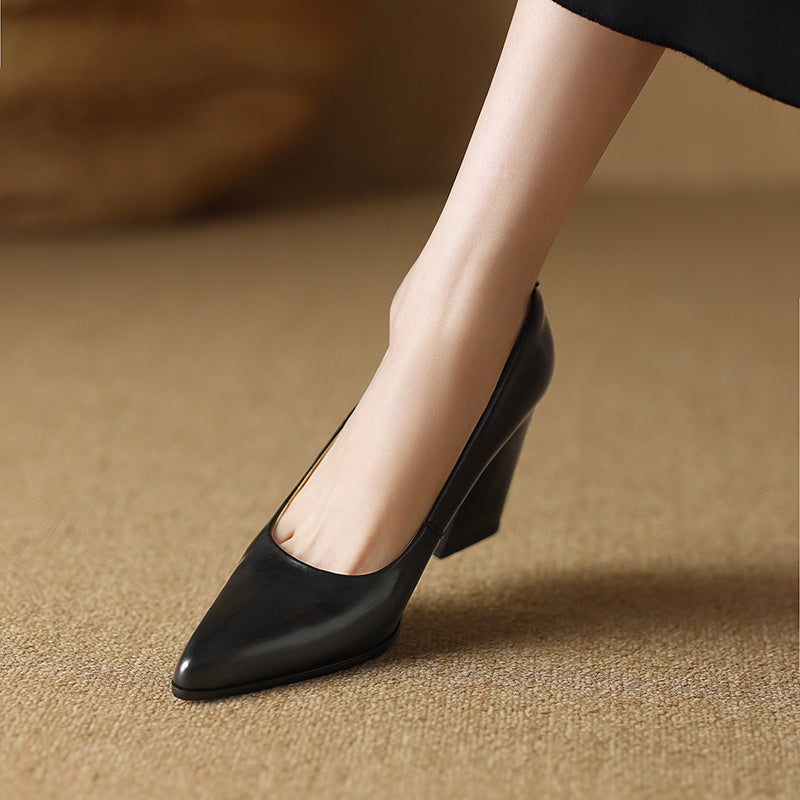 Block Heel Pumps Pointed Toe Slip On Work Heels