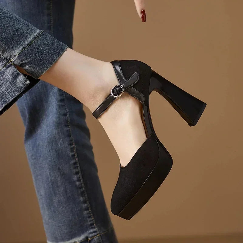 Platform Block Heel Pumps Ankle Strap High Heels