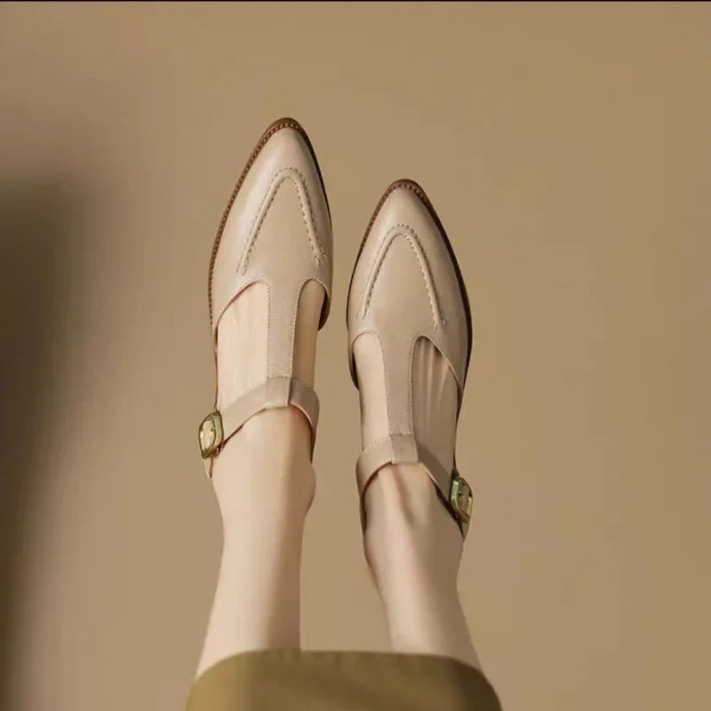 T-Strap Buckle Shoes Pointed Toe Low Heel Flats