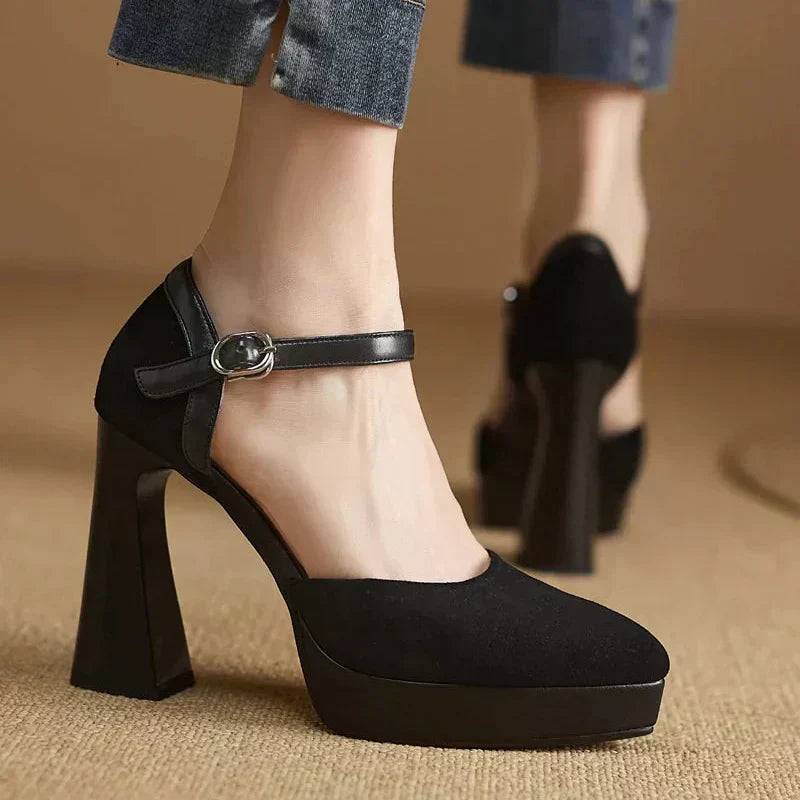 Platform Block Heel Pumps Ankle Strap High Heels