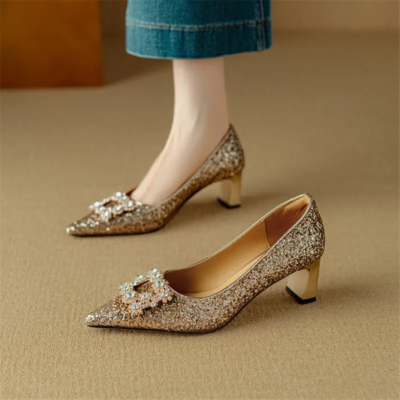 Glitter Block Heel Pumps Pointed Toe Crystal Buckle