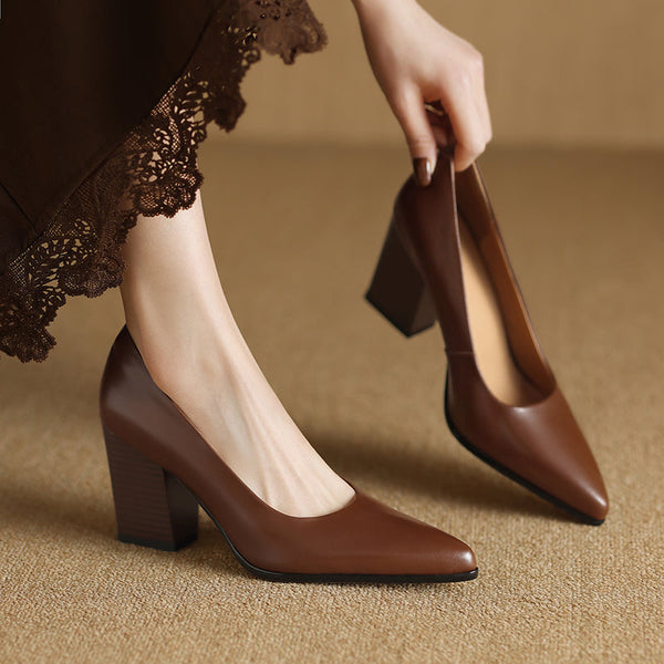 Block Heel Pumps Pointed Toe Slip On Work Heels