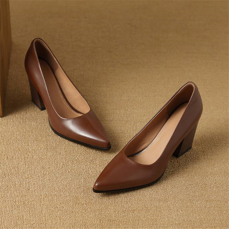 Block Heel Pumps Pointed Toe Slip On Work Heels