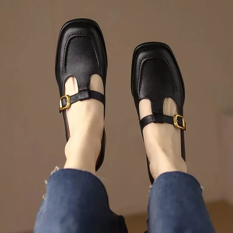 T-Strap Mary Jane Shoes Square Toe Low Block Heel