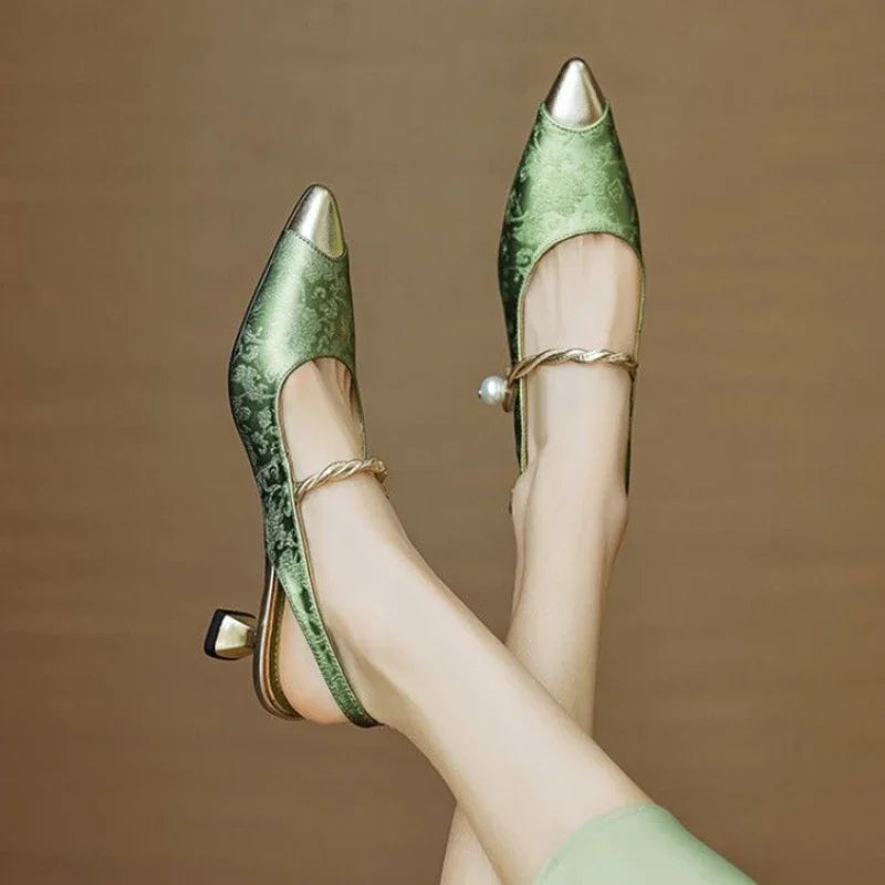 Pearl Strap Slingback Kitten Heels Pointed Toe Pumps