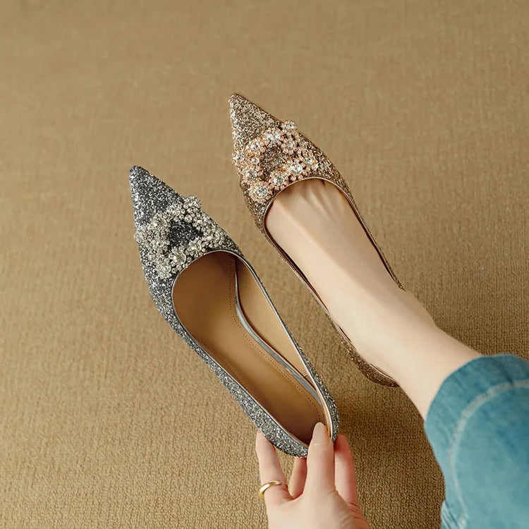 Glitter Block Heel Pumps Pointed Toe Crystal Buckle