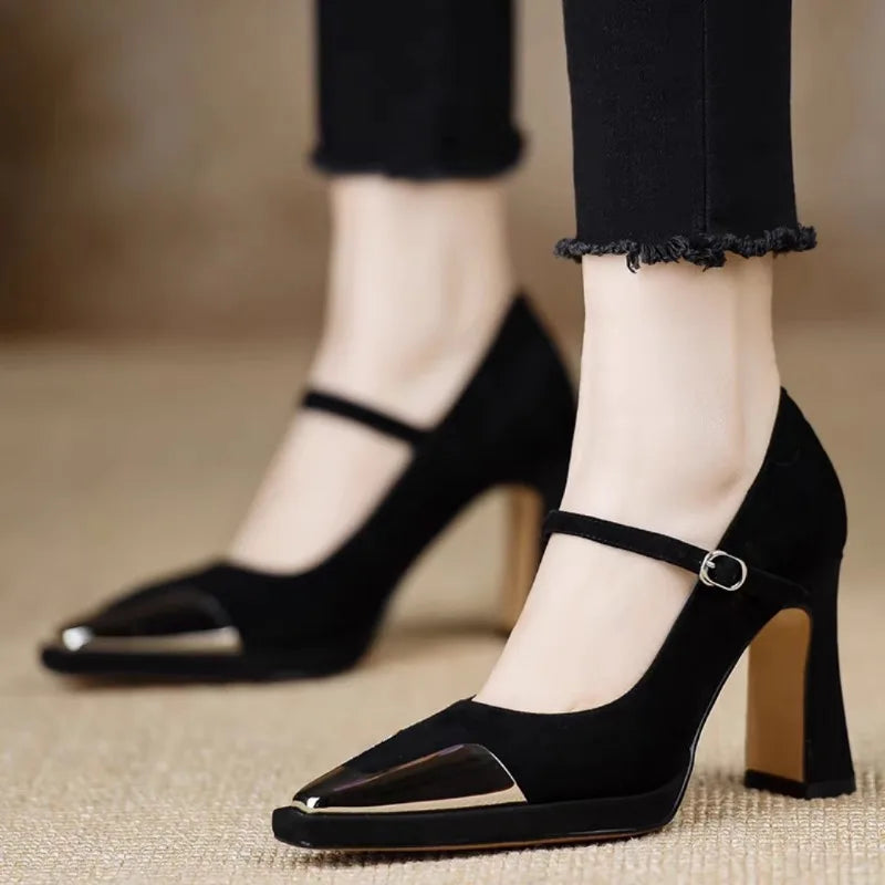 Mary Jane High Heel Pumps Cap Toe Block Heel Strap