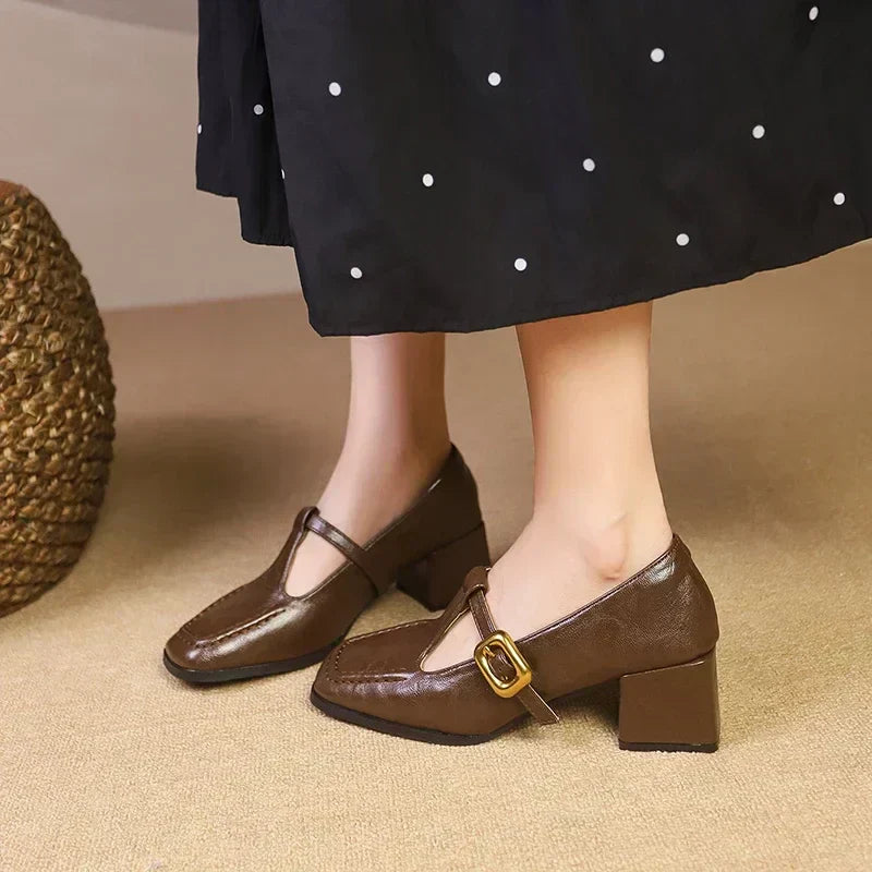 Square Toe Mary Jane Heels Block Heel Gold Buckle