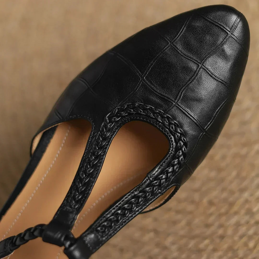 Leather T-Strap Mary Jane Flats Pointed Toe Flat