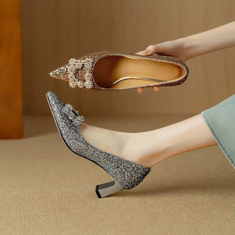 Glitter Block Heel Pumps Pointed Toe Crystal Buckle