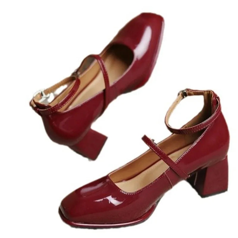 Ankle Strap Block Heel Pumps Square Toe Mary Jane