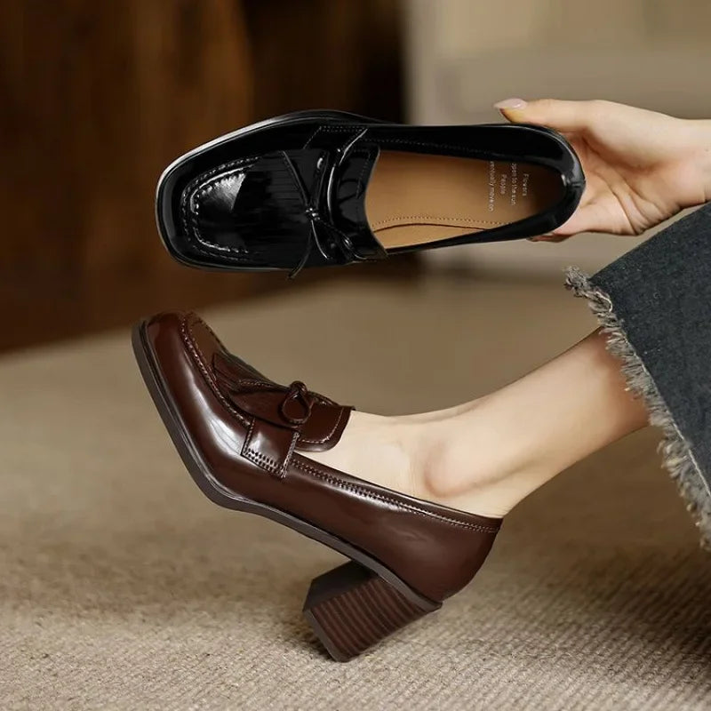 Tassel Loafer Pumps Block Heel Round Toe Heels