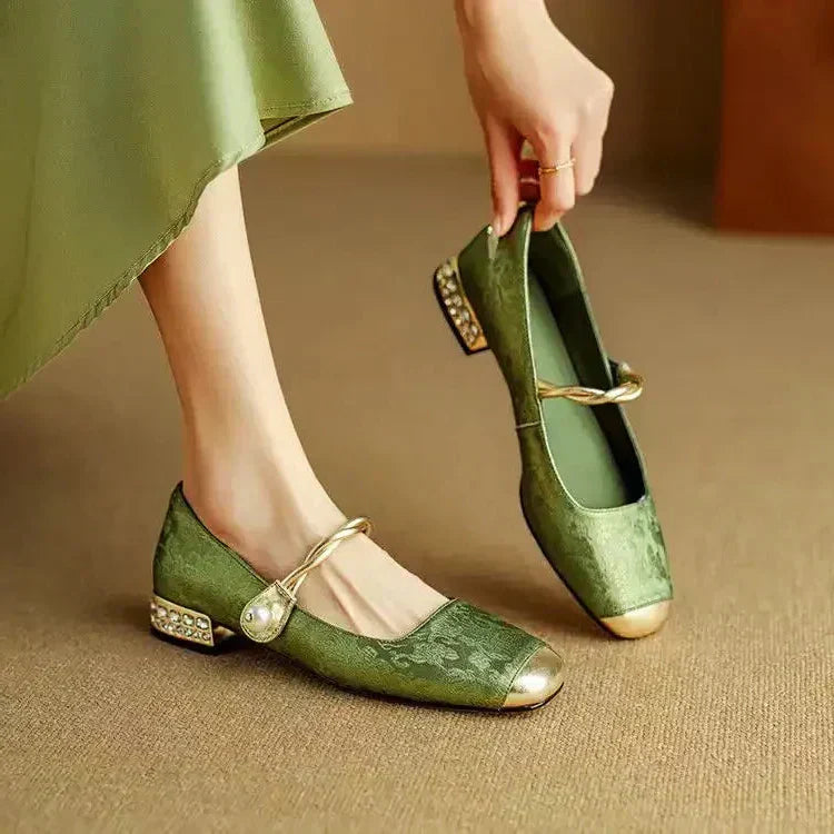 Pearl Strap Mary Jane Shoes Glitter Block Heel