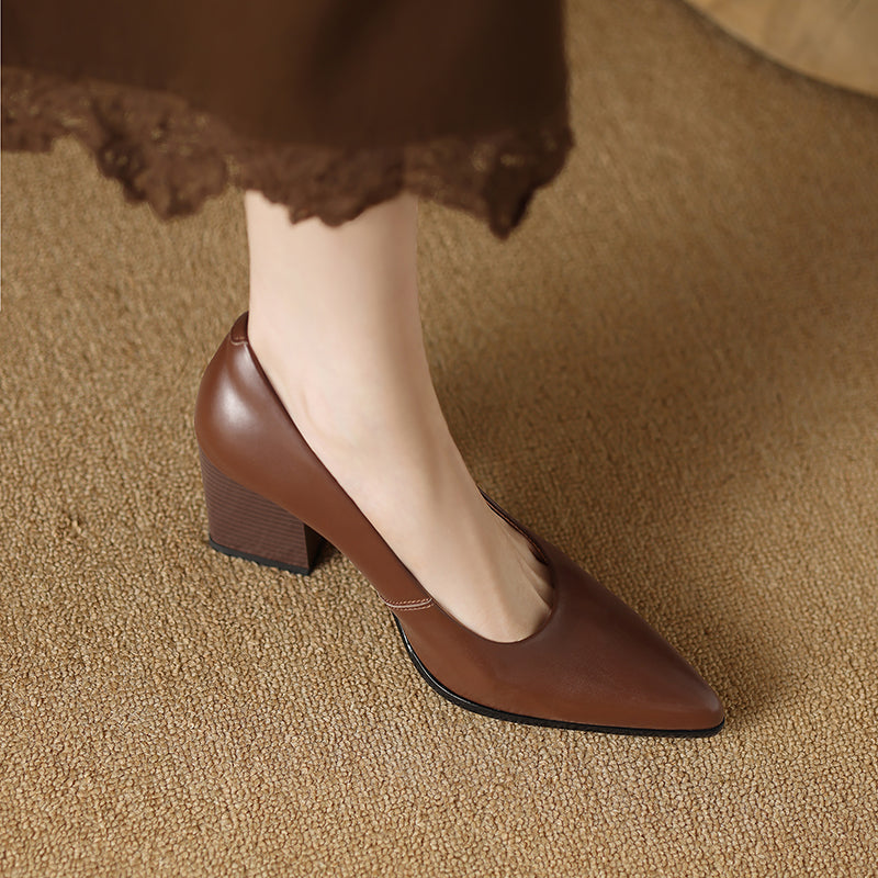 Block Heel Pumps Pointed Toe Slip On Work Heels