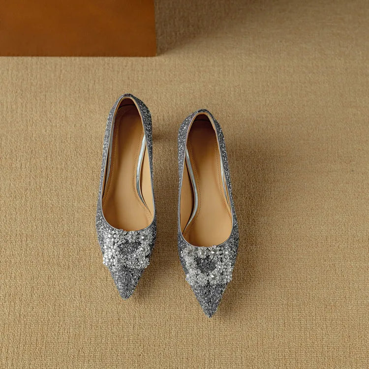 Glitter Block Heel Pumps Pointed Toe Crystal Buckle