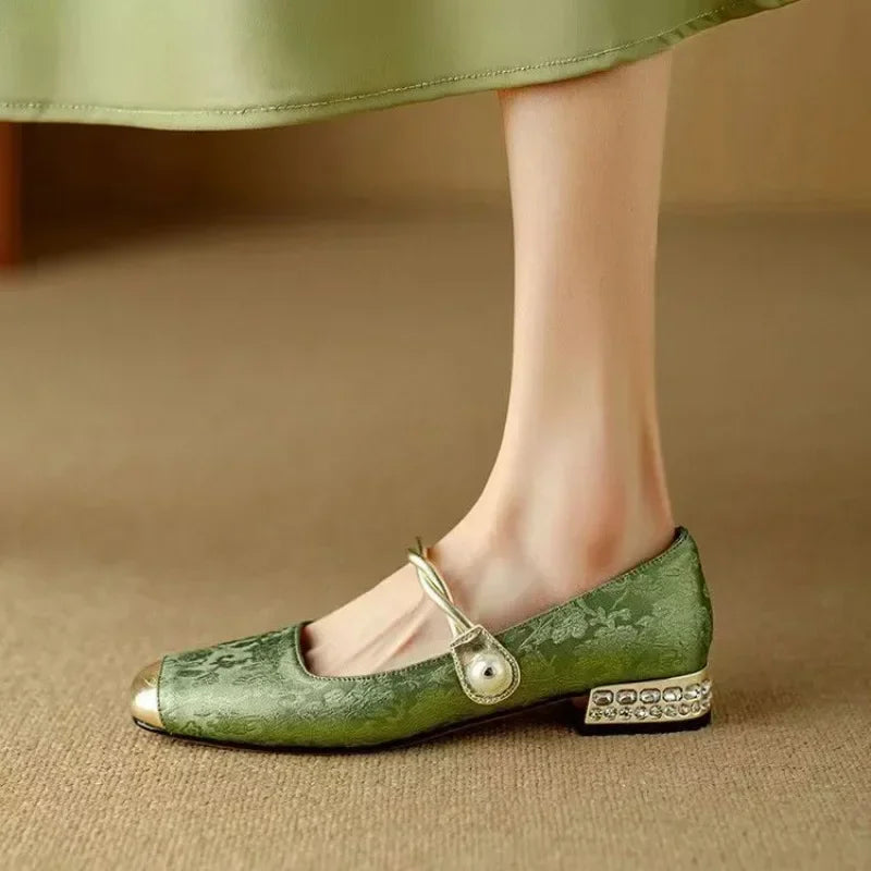 Pearl Strap Mary Jane Shoes Glitter Block Heel
