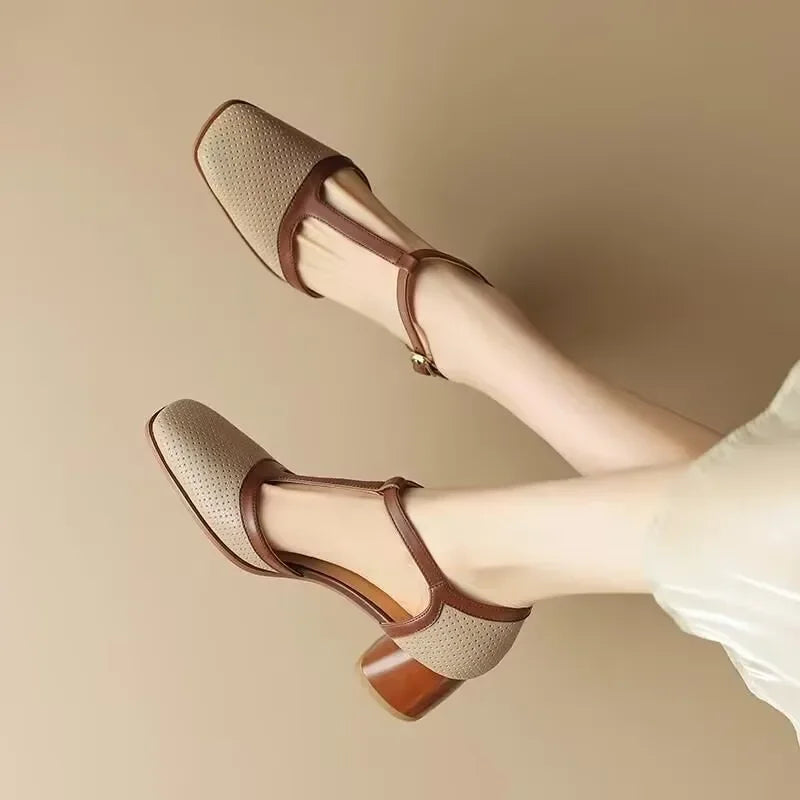 T-Strap Block Heel Shoes Square Toe Mid Heel Pumps