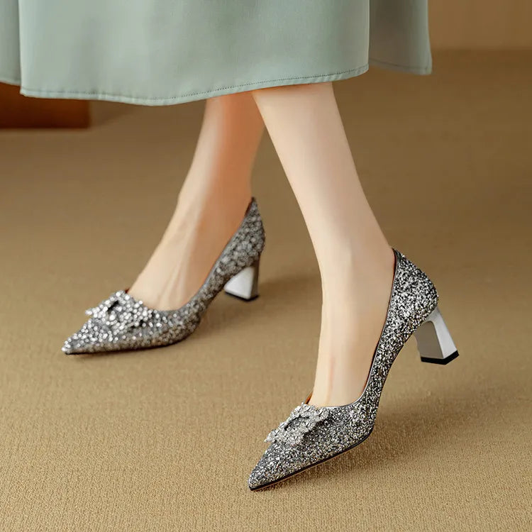 Glitter Block Heel Pumps Pointed Toe Crystal Buckle