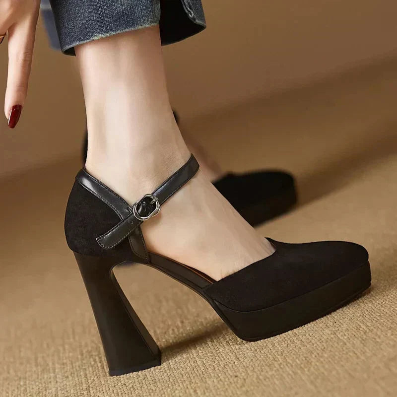 Platform Block Heel Pumps Ankle Strap High Heels