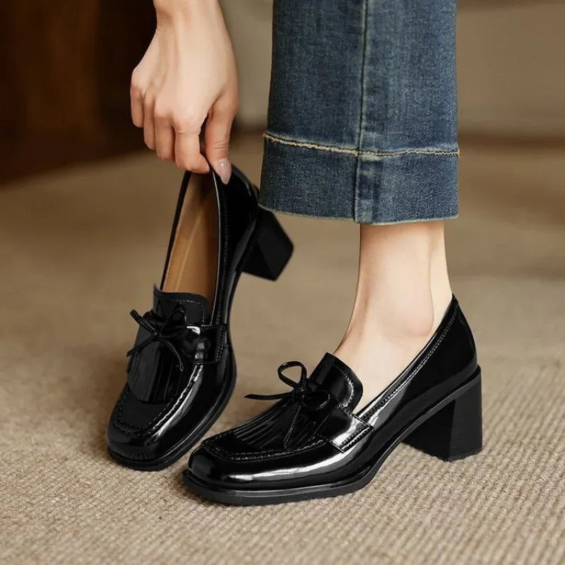 Tassel Loafer Pumps Block Heel Round Toe Heels