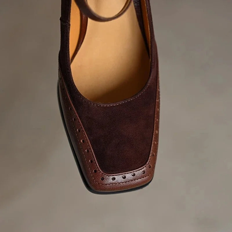 Square Toe Block Heel Pumps Ankle Strap Brogue
