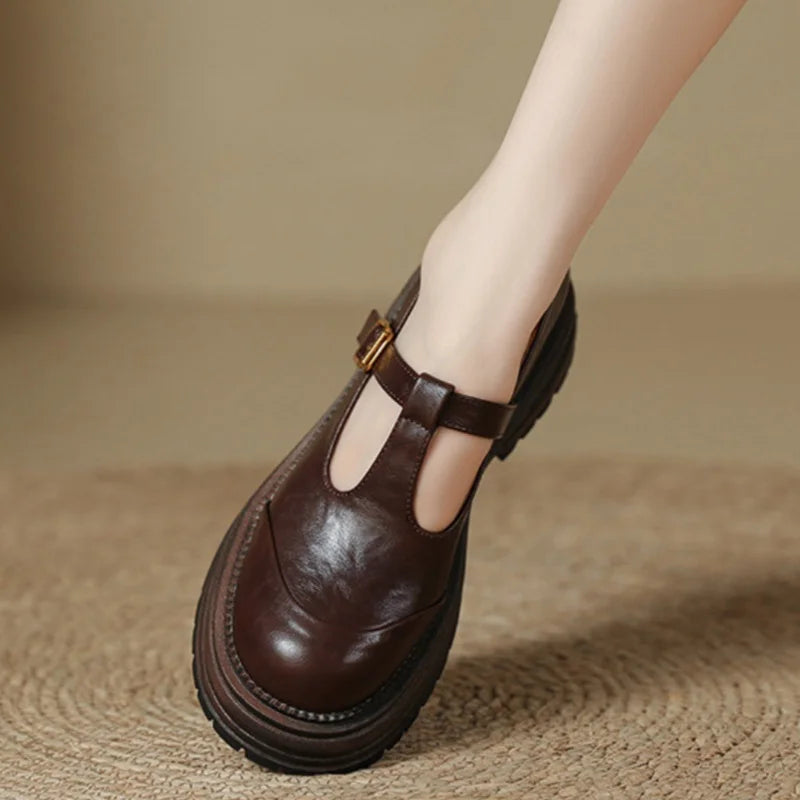 T-Bar Mary Jane Shoes Round Toe Brogue Low Heel